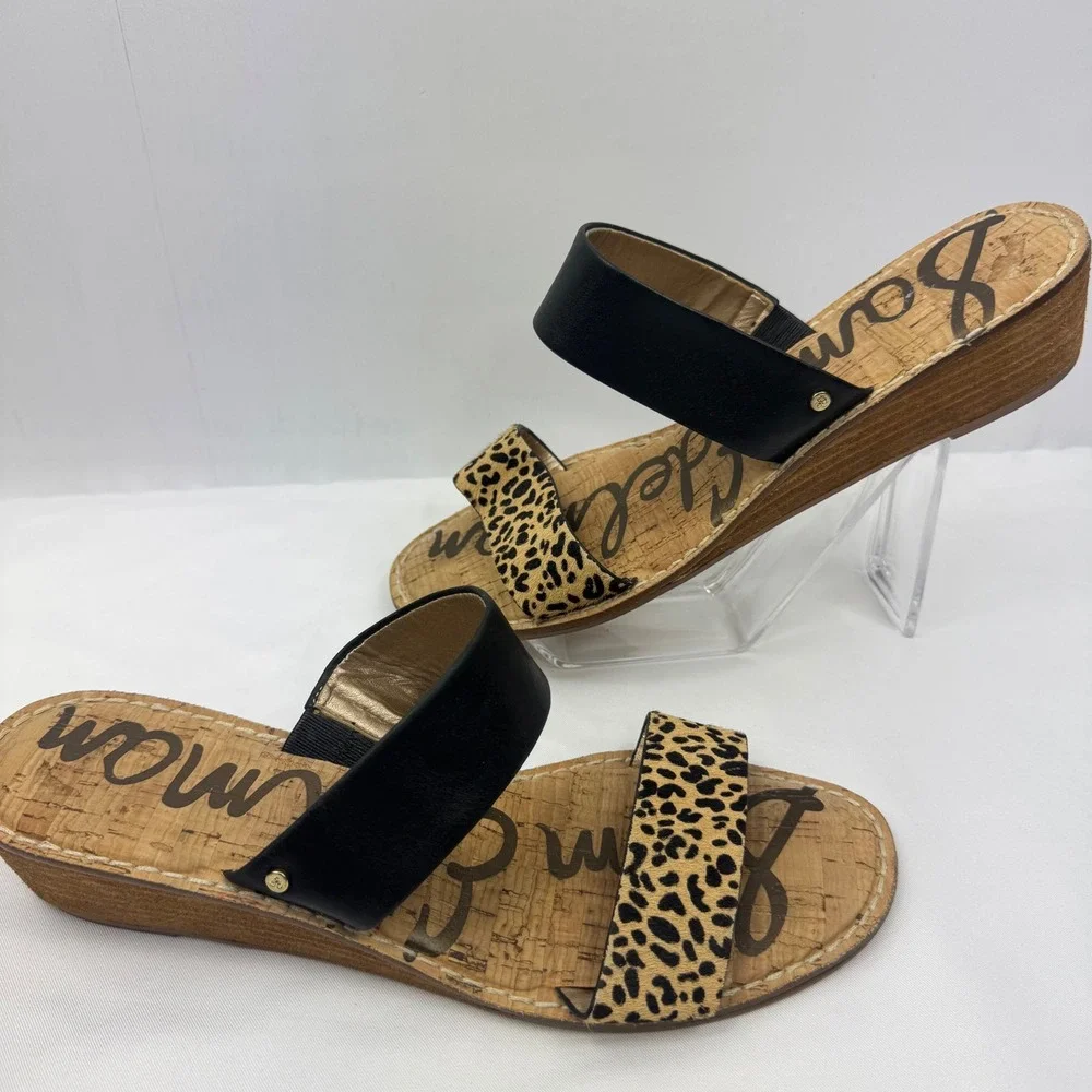 Sam Edelman Shellie Women Black Leather Leopard Calf Hair Wedge Sandals Size 10M